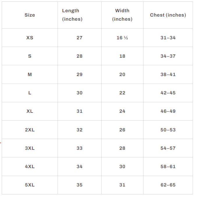I Love Mom Tee size chart