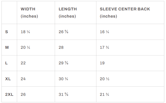 All Be Happy Heritage Garment-Dyed Tee size chart